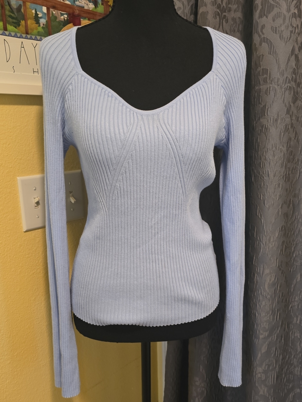 Pink Rose Light Blue Ribbed V-Neck Sweater
